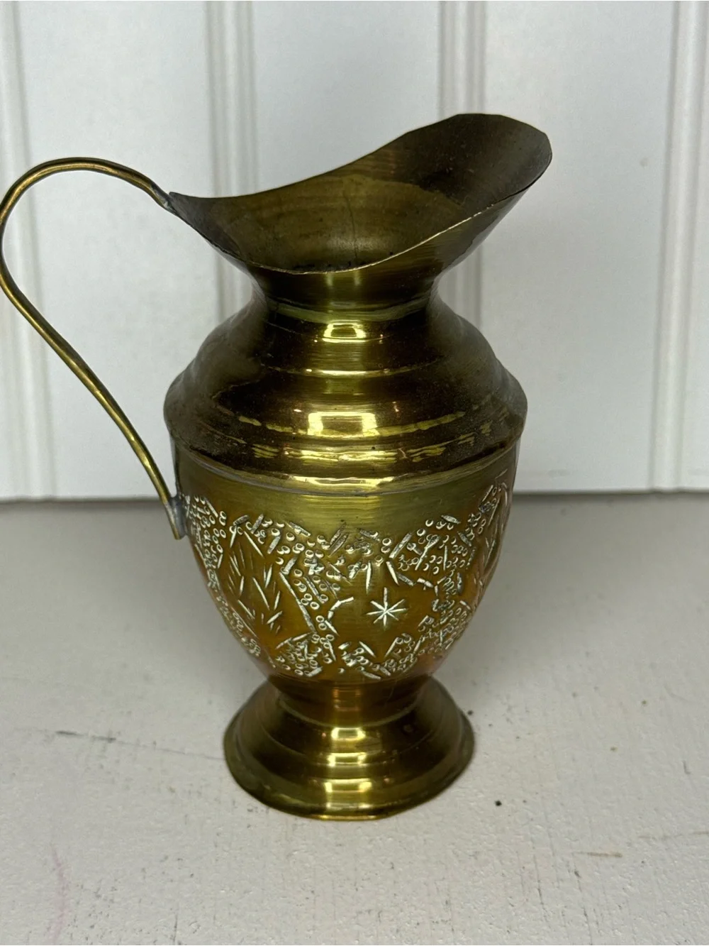 Vintage Brass Decorative Pitcher Hand Etched with Handle Made In India 4.5